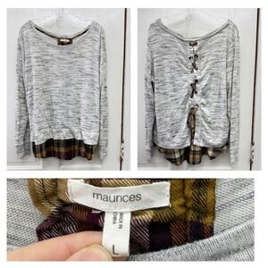 Maurices Womens Gray Heathered Long‎ Sleeve Layered Lace Up Top Women's Large